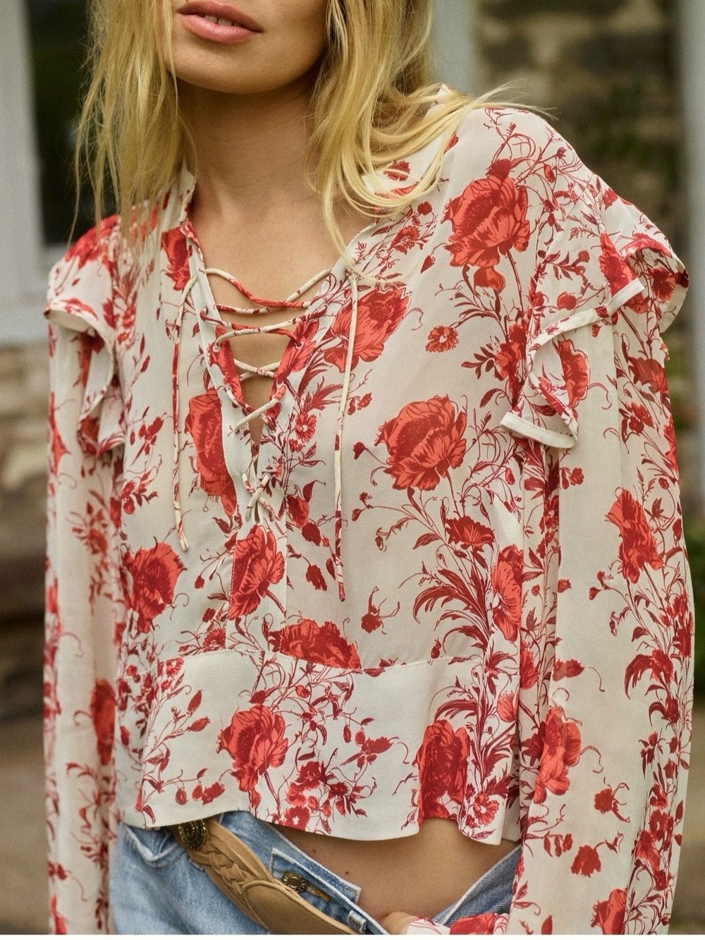 Anthropologie Maeve Red Floral Lace-Up Ruffled Sheer Blouse Top Small